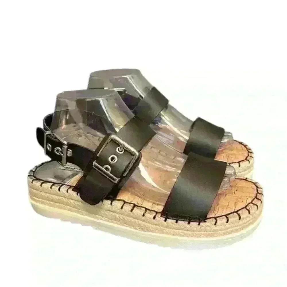 MTNG Wedge Sandal Black Strap Faux Leather Espadrille Cork Soles Women 40-9/9.5